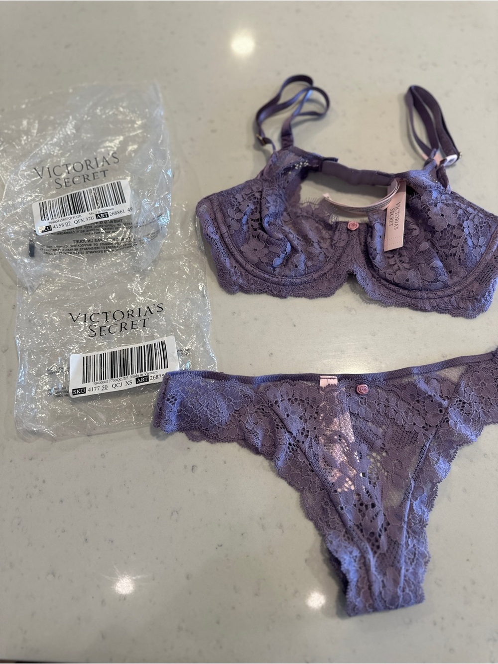 NWT Victorias Secret Purple Bra and Panty Lingerie Set Size XS and 32B